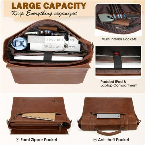Mens Leather Messenger Bag 17 Inch Laptop Briefcase Waterproof Business Travel - Picture 3 of 7